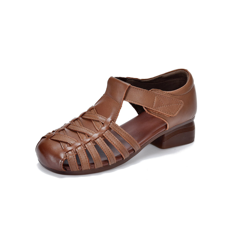 Women's Leather Fisherman Sandals - Closed Toe Woven Strappy Gladiator Sandals Low Block Heel