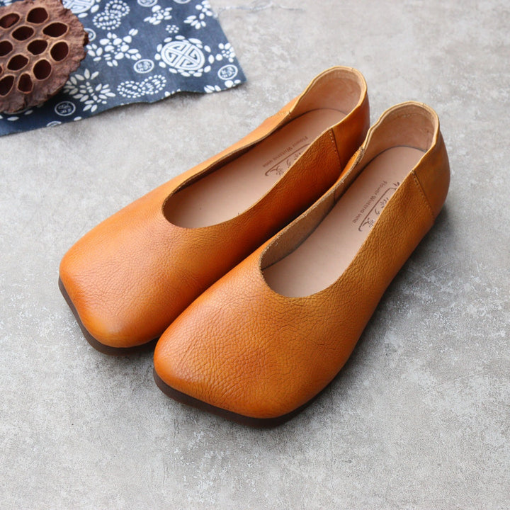Women's Soft Genuine Leather Ballet Flats - Vintage Square Peep Toe Slip-On Loafers