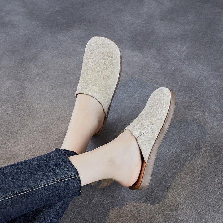 Women's Minimalist Nubuck Mules - Round-Toe Flat with Slip-On Ease