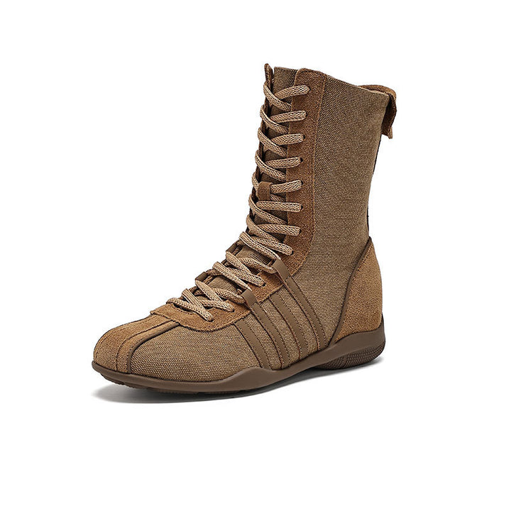 Women's Cow Suede Canvas High Top Sneakers Hidden Wedge Heel Ankle Booties