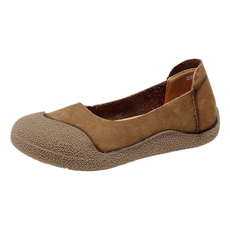 A single brown slip-on shoe with a textured rubber toe cap and sole, shown from a side profile on a white background.