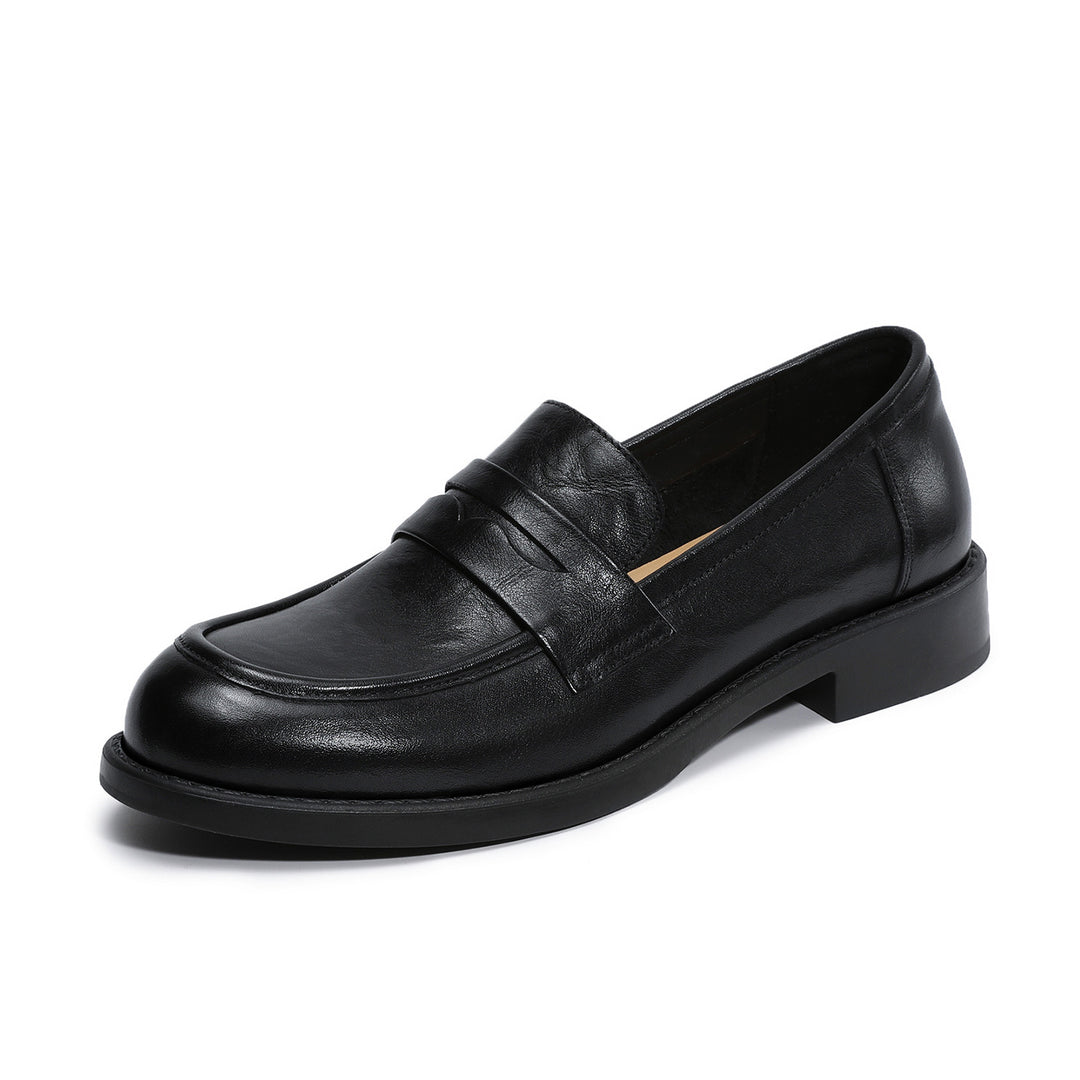 Women's Genuine Leather Penny Loafers Vintage Slip-on Round Toe Low Heel Shoes