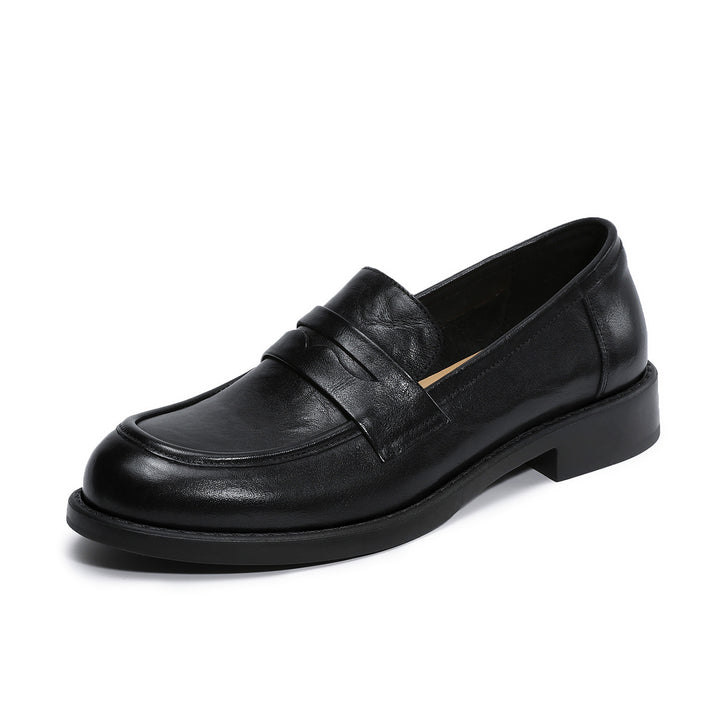 Women's Genuine Leather Penny Loafers Vintage Slip-on Round Toe Low Heel Shoes