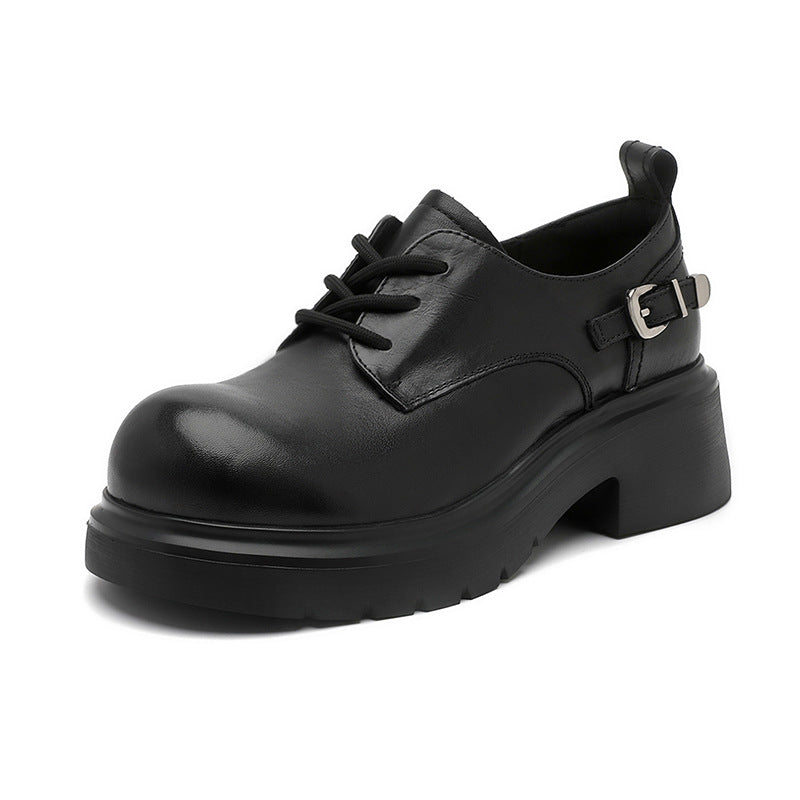 Women's Platform Genuine Leather Oxfords Buckle Lace Up Chunky Heel Shoes