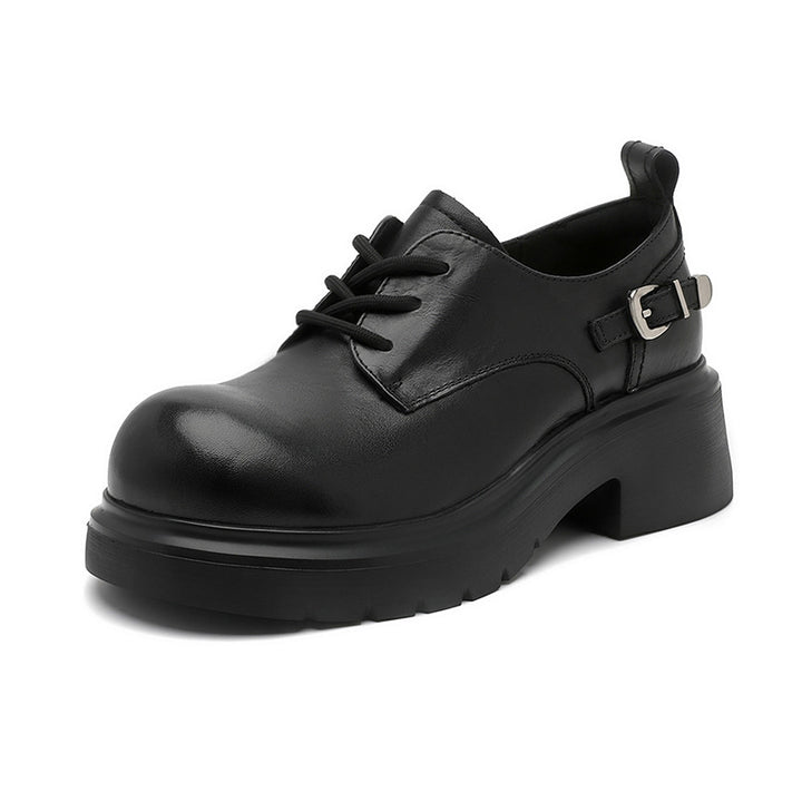 Women's Platform Genuine Leather Oxfords Buckle Lace Up Chunky Heel Shoes