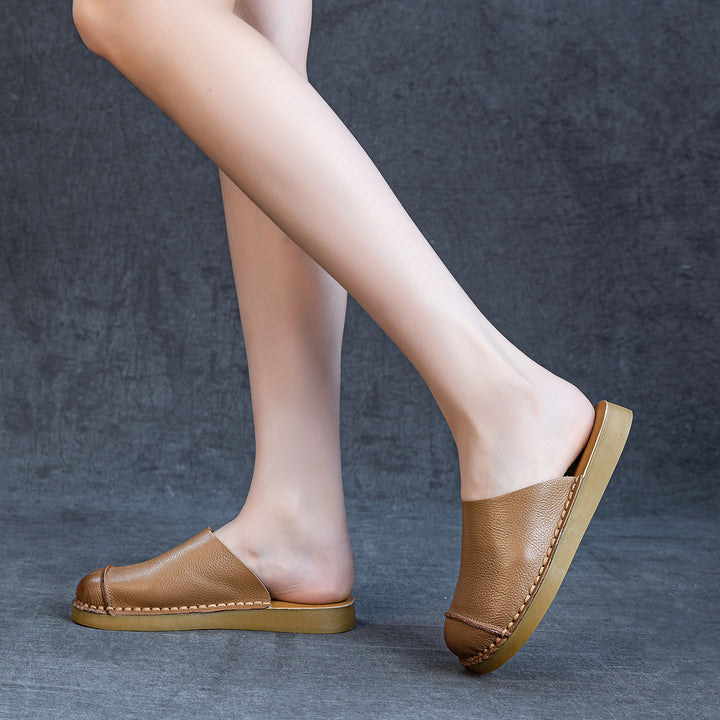 Women's Retro Leather Mule Slippers Vintage Closed Toe Slip-on Platform Slides