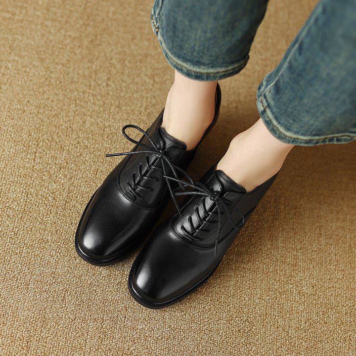 Women's Genuine Leather Oxford Shoes - Block Mid-Heel Lace-Up Design