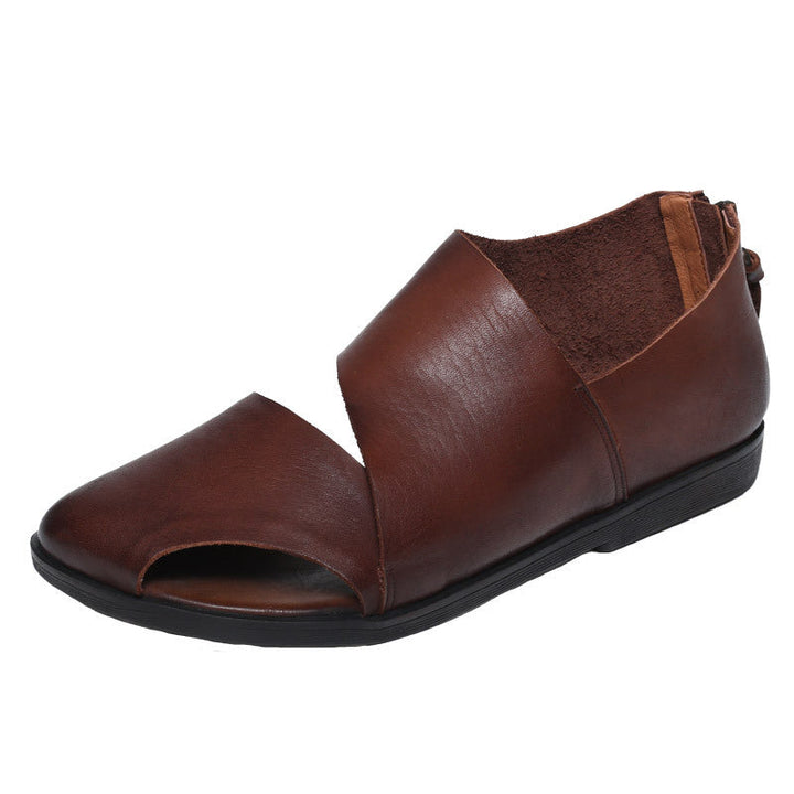 Women's  Leather Summer Cut-Out Sandals - Unlined Breathable Back Zipper Closure