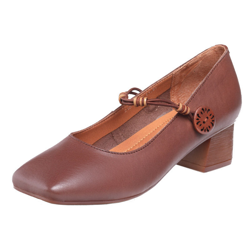 Womens Square Toe Cowhide Leather Chunky Heeled Pumps