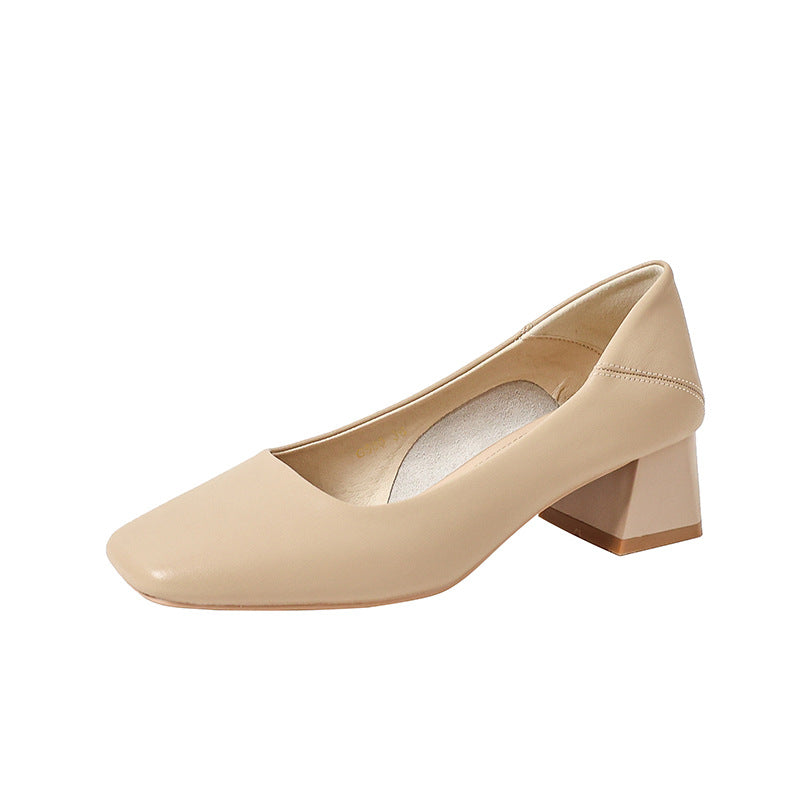 Women's Soft Leather Pumps - Square Toe Low Block Heel Dress Shoes Casual Slip-On Loafers