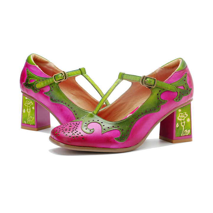 Vibrant Mary Janes for Women - Leather T-Strap Sandals with Floral Artistic Block Heel