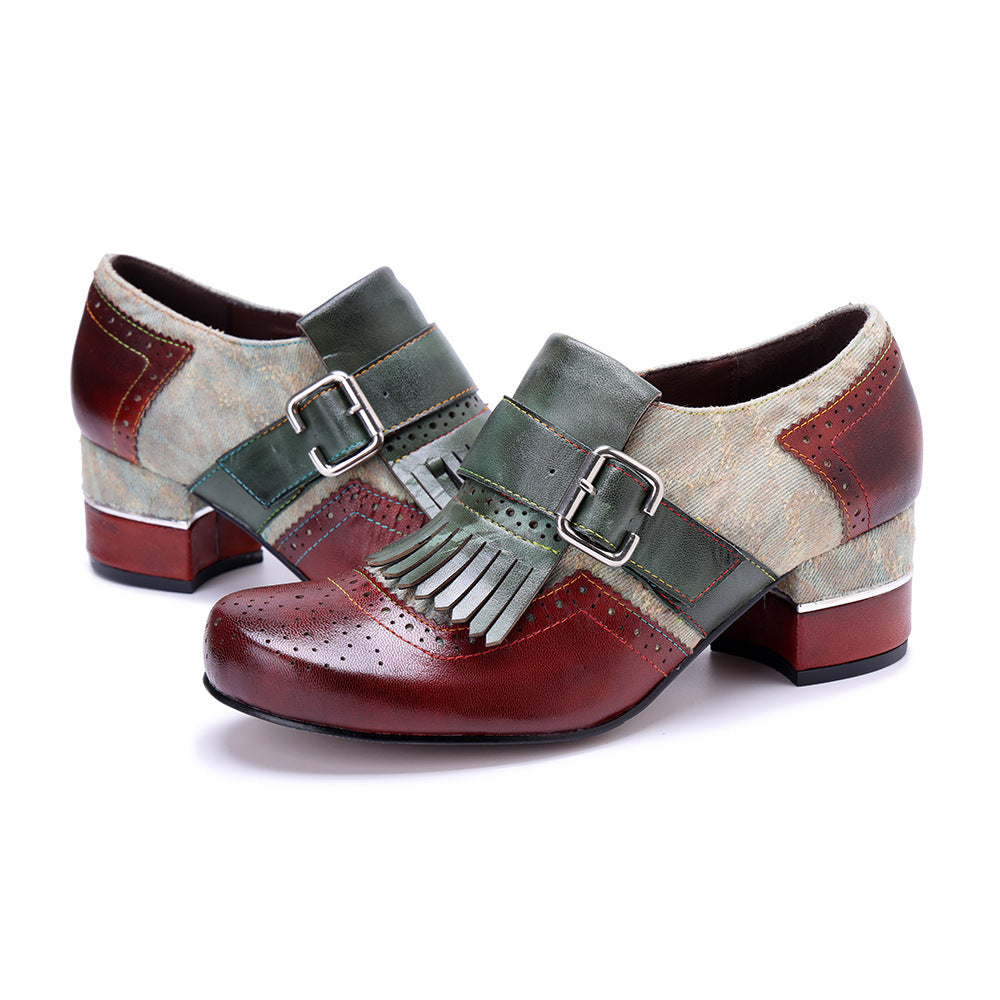 Women's Vintage Kiltie Fringe Block Heel Loafers Jacquard Sheepskin Slip On Shoes
