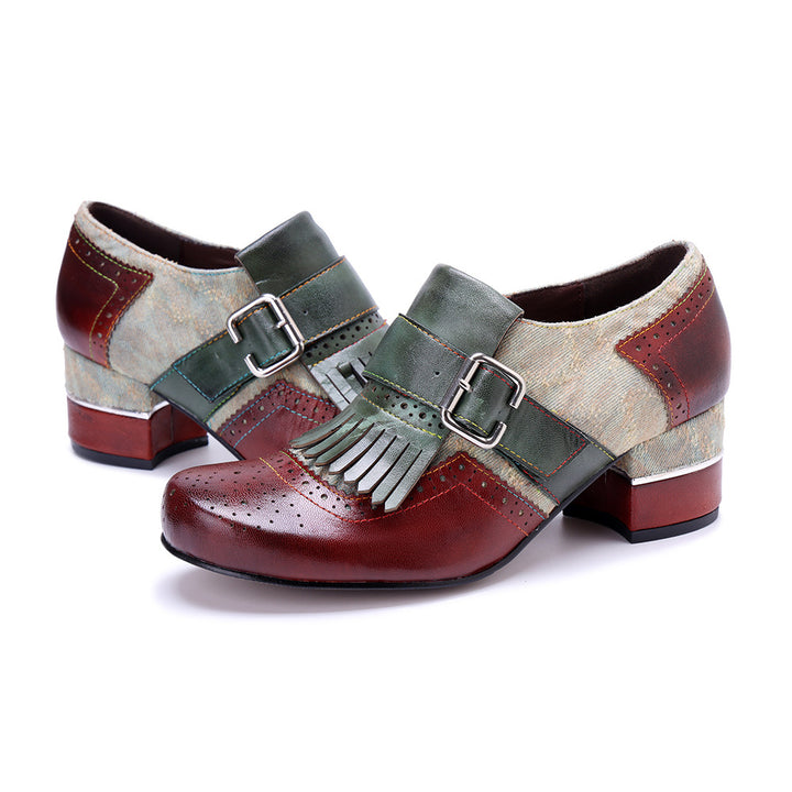 Women's Vintage Kiltie Fringe Block Heel Loafers Jacquard Sheepskin Slip On Shoes