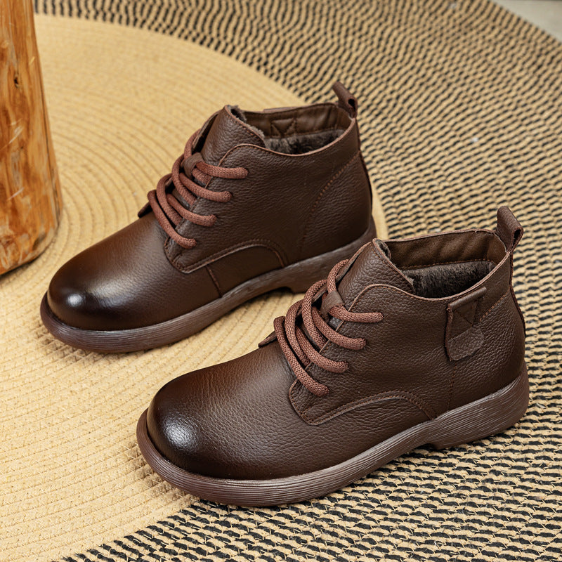 Women's Leather Ankle Boots - Vintage Round Toe Lace-Up Side Zipper Oxford Booties Comfort Walking Shoes