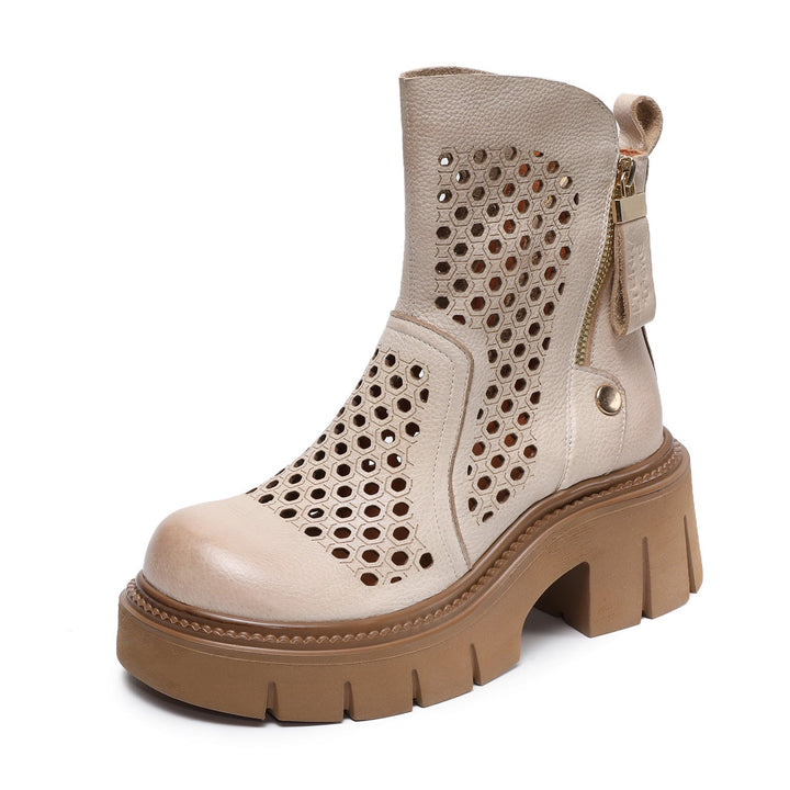 Women’s Retro Leather Cut-Out Ankle Boots – Summer Chunky Block Heel Zip Boots