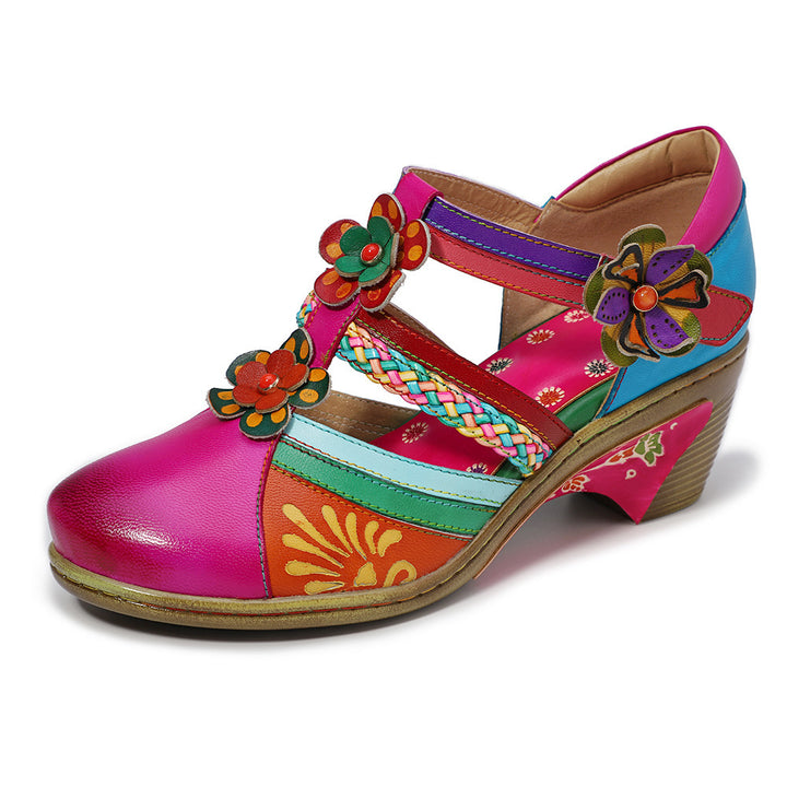 Women's Vintage Floral Sheepskin Sandals T-Strap Buckle Chunky Mid Heel Shoes