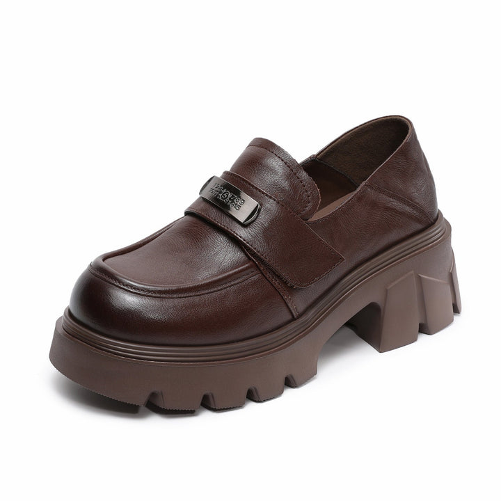 Women’s Leather Platform Block Heel Loafers – Vintage Metal Detail