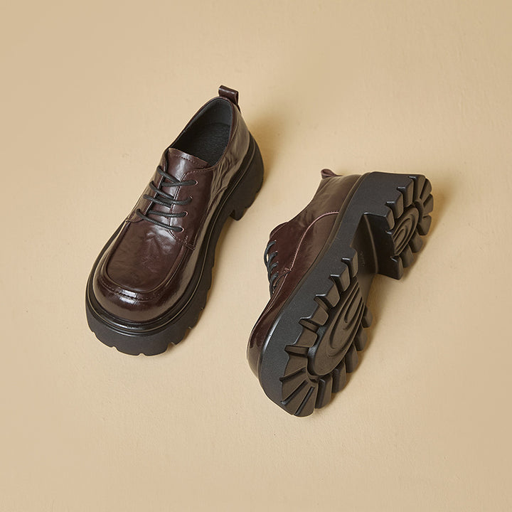 Women's Ruched Leather Oxford Shoes – Casual Chunky Platform Lace-Up