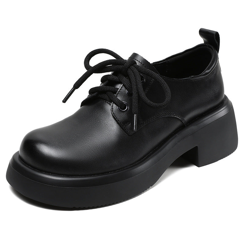 Women's Retro Leather Oxford Shoes Vintage Round Toe Platform Lace-up Chunky Heels