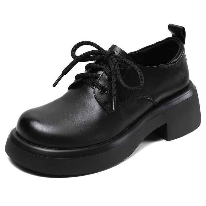 Women's Retro Leather Oxford Shoes Vintage Round Toe Platform Lace-up Chunky Heels