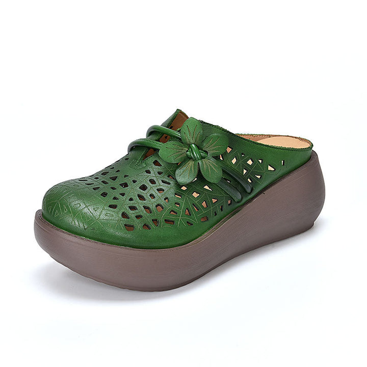 Women's Cowhide Platform Mules - Summer Shoes Breathable Floral Cut-out Sandals
