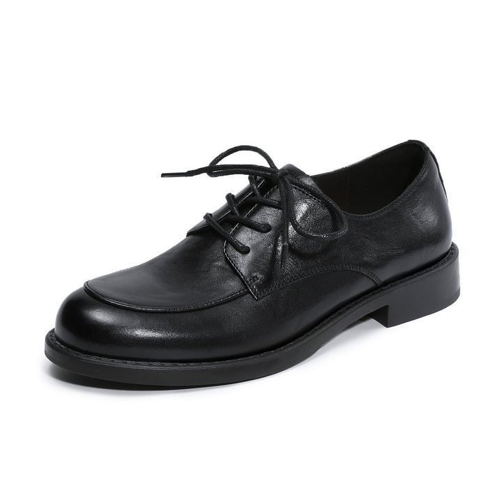 Women's Genuine Leather Oxford Shoes Retro Lace-up Round Toe Low Heel Derby Flats