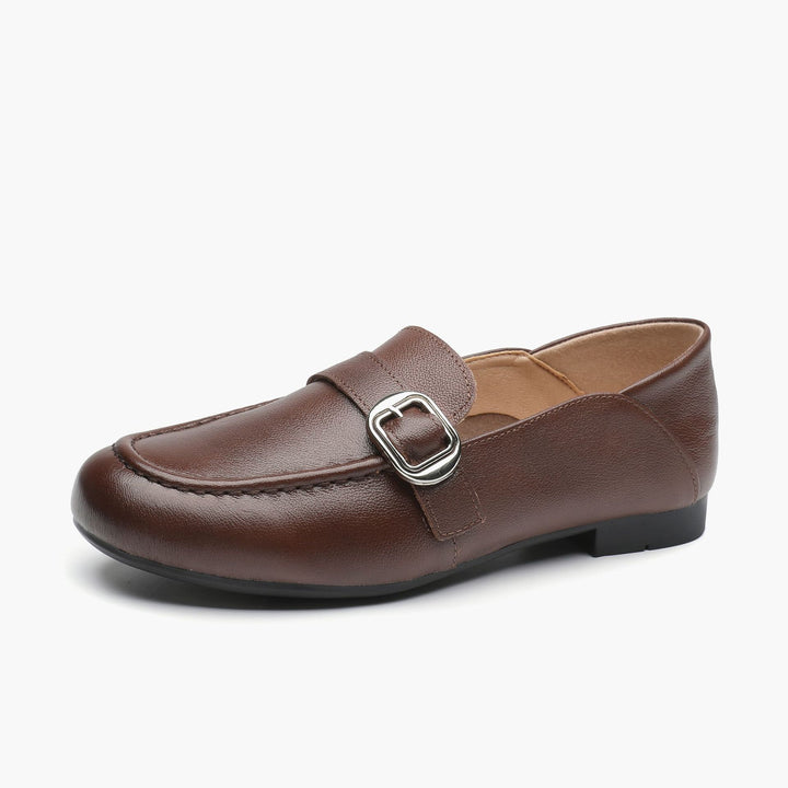 Women's Leather Casual Loafers - Soft Step-Down Back Flat Moccasins with Metal Buckle