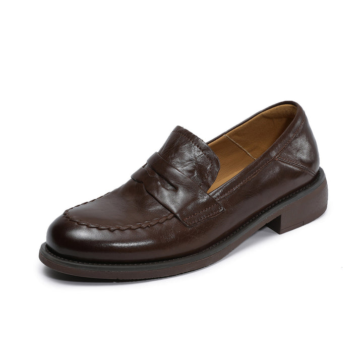 Women's Genuine Leather Penny Loafers Vintage Slip-on Round Toe Low Heel Shoes