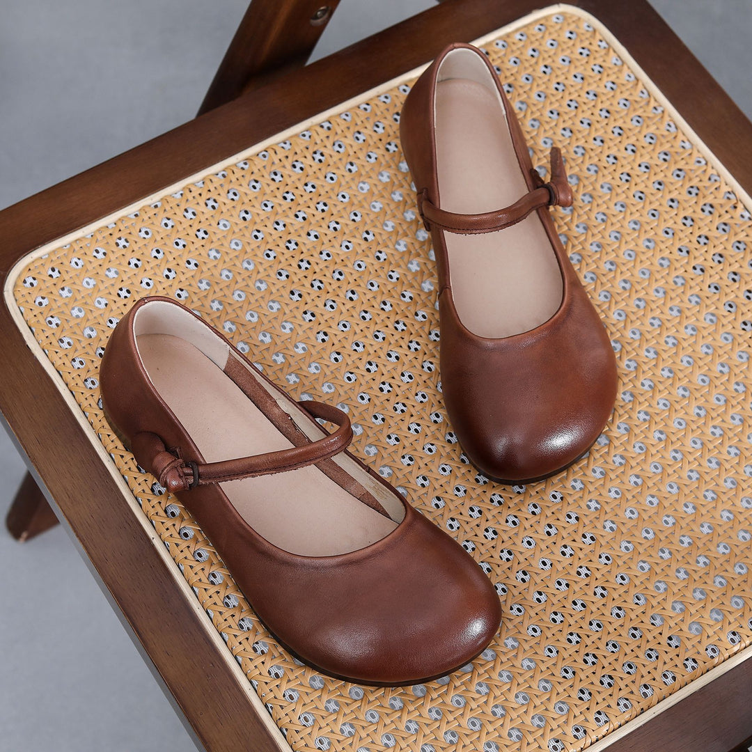 Women's Leather Mary Jane Flats - Vintage Round Toe Slip-On Ballet Flats with Bow Knot Strap Comfort Walking Shoes