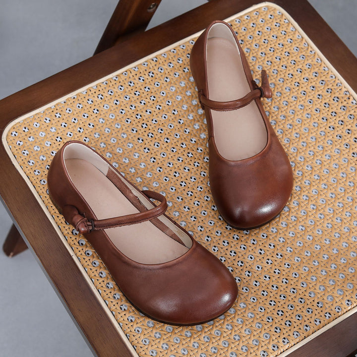 Women's Leather Mary Jane Flats - Vintage Round Toe Slip-On Ballet Flats with Bow Knot Strap Comfort Walking Shoes