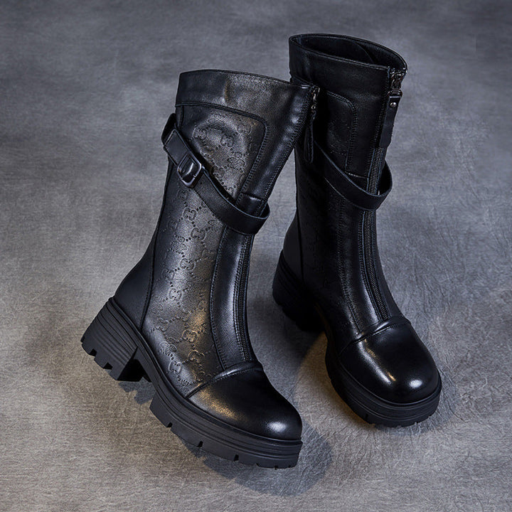Women's Mid-Calf Embossed Genuine Leather Boots – Buckle Detail Chunky Heel Platform