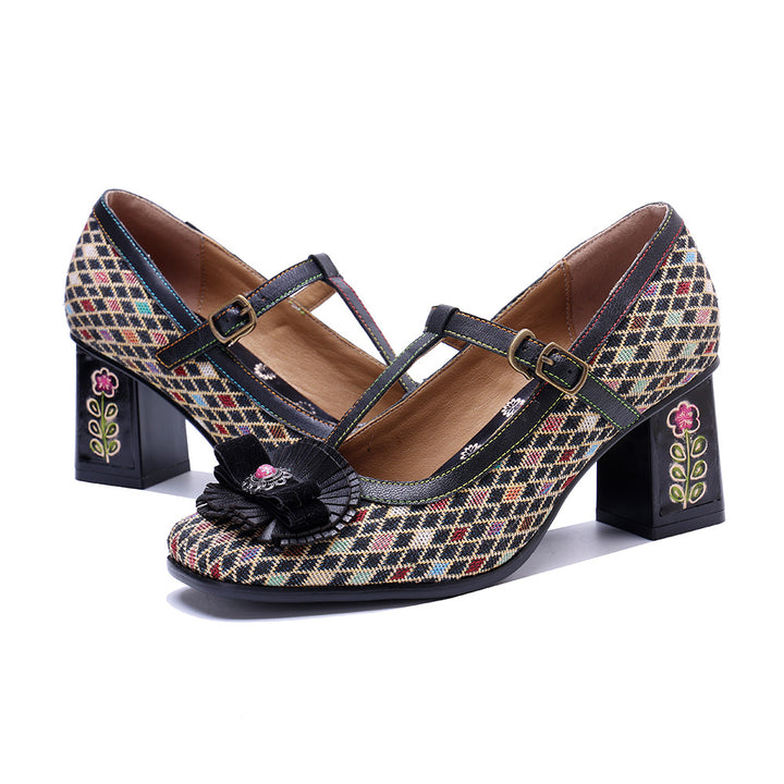 Women's Vintage T-strap Plaid Patchwork Floral Mary Jane High Heels
