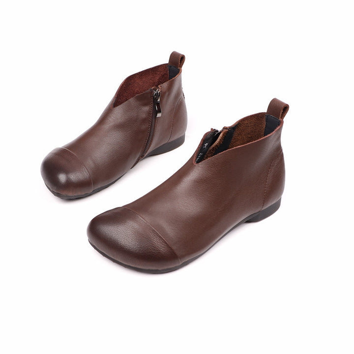 Women's Genuine Leather Ankle Boots Side Zipper V-Cut Flat Booties Casual Walking Shoes