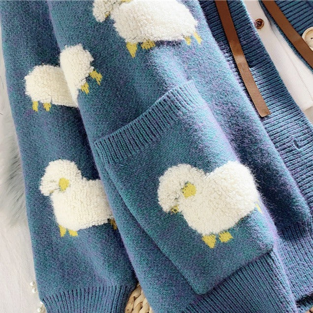 Women Y2K Knit Cardigan Kawaii Sheep Embroidery Preppy Sweater