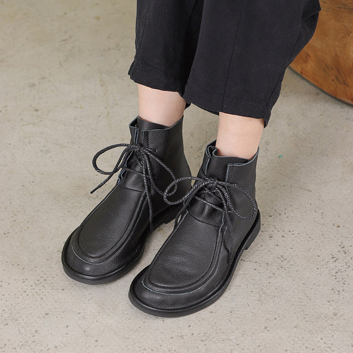 Women's Handmade Vintage Soft Leather Flat Lace-Up Ankle Boots Comfort Fit
