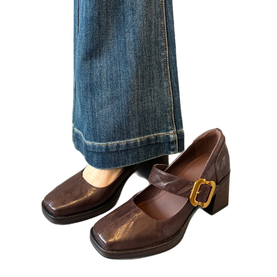 Women's Mary Jane Pumps - Square Toe Gold Buckle High Block Heel Dress Shoes