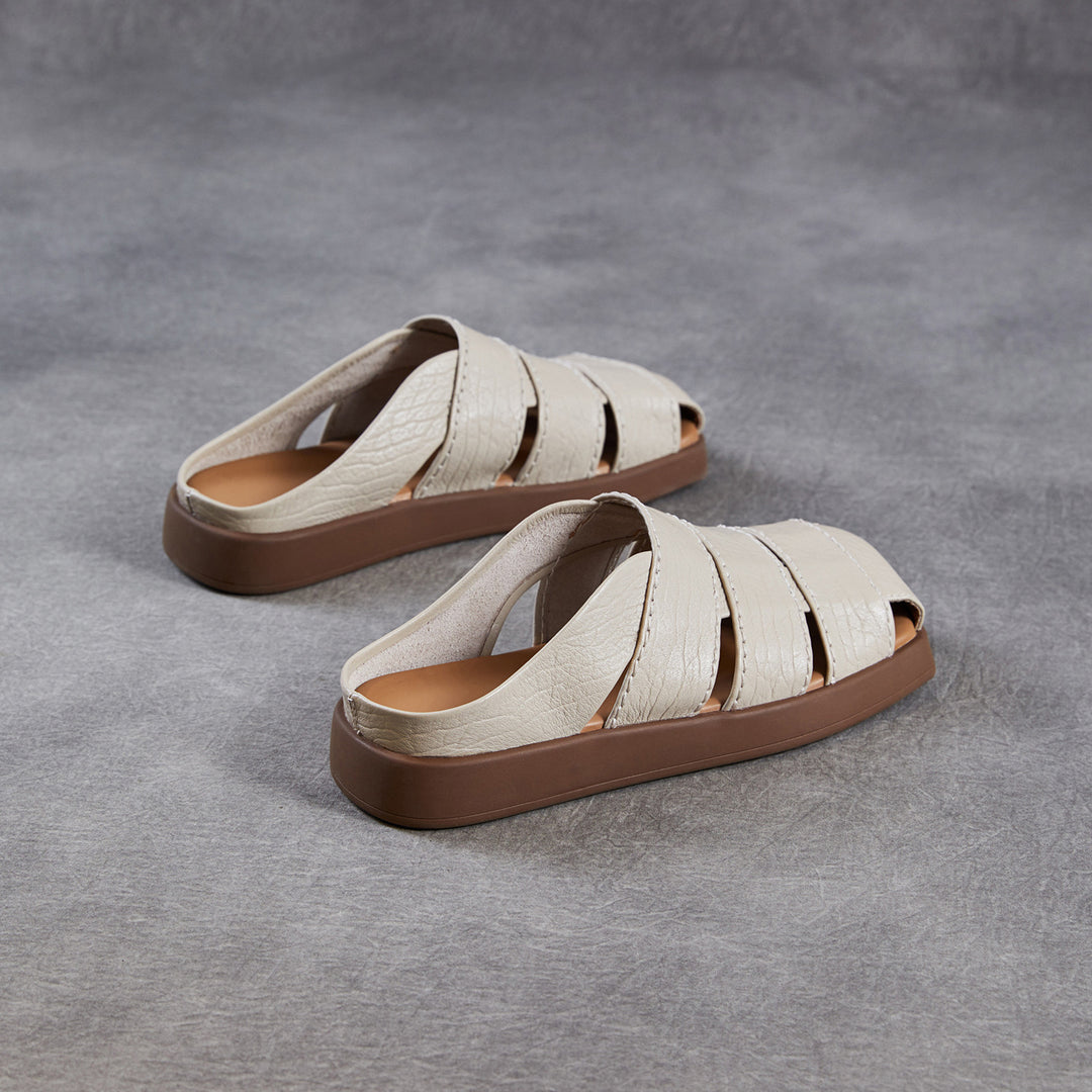 Women's Leather Mules - Multi-Strap Woven Closed Flat Sandals Casual Summer Slip-On Slides