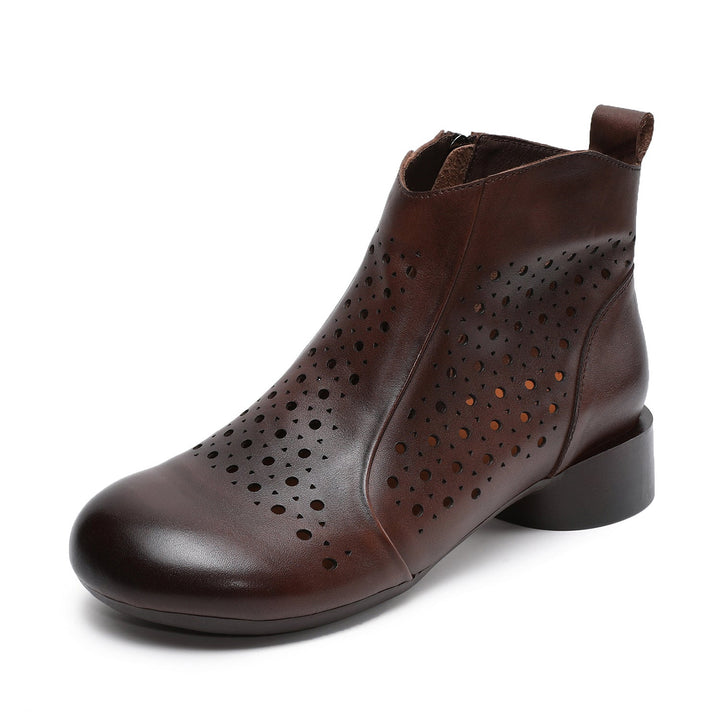 Women’s Summer Breathable Cut-Out Leather Boots – Retro Mid Heel Sandals