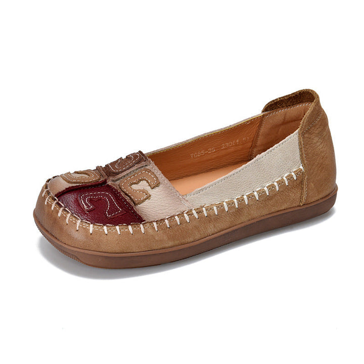 Women’s Retro Handmade Leather Colour-Block Flats – Round Square Toe Soft Sole Shoes