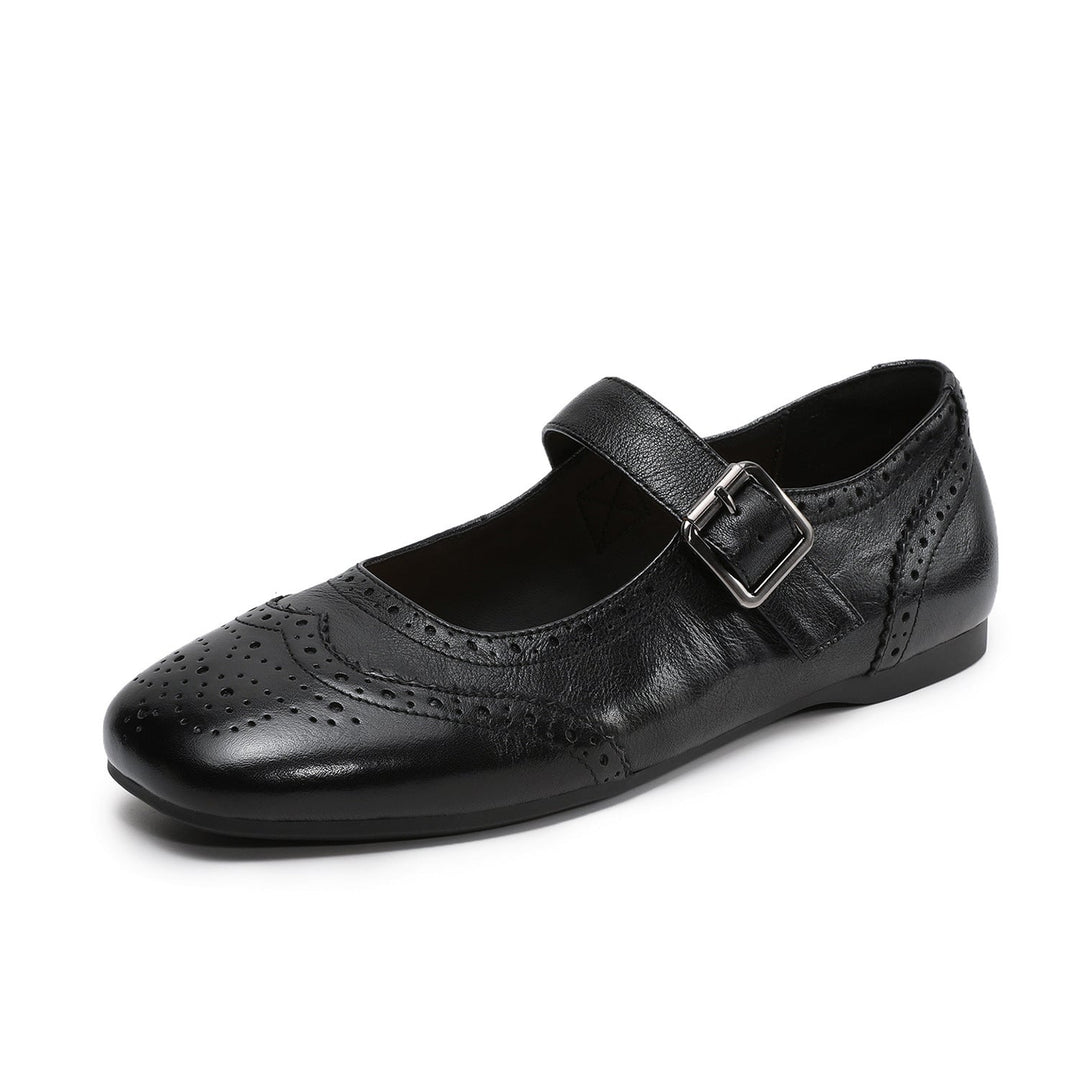 Women's Vintage British Style Leather Mary Janes - Hand-Punched Brogue Details - Soft Walking Shoes