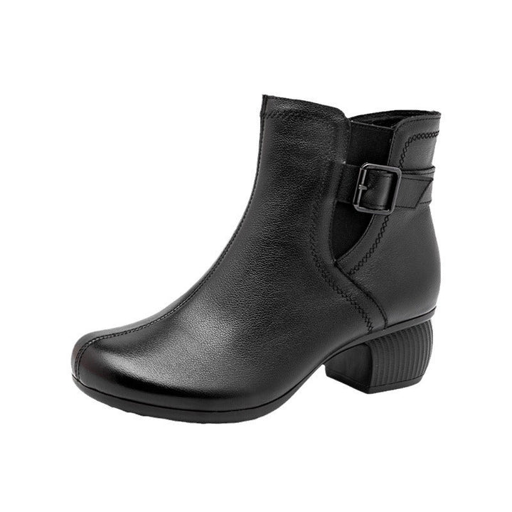 Women’s Leather Retro Ankle Boots – Mid Block Heel Buckle Detail Shoes