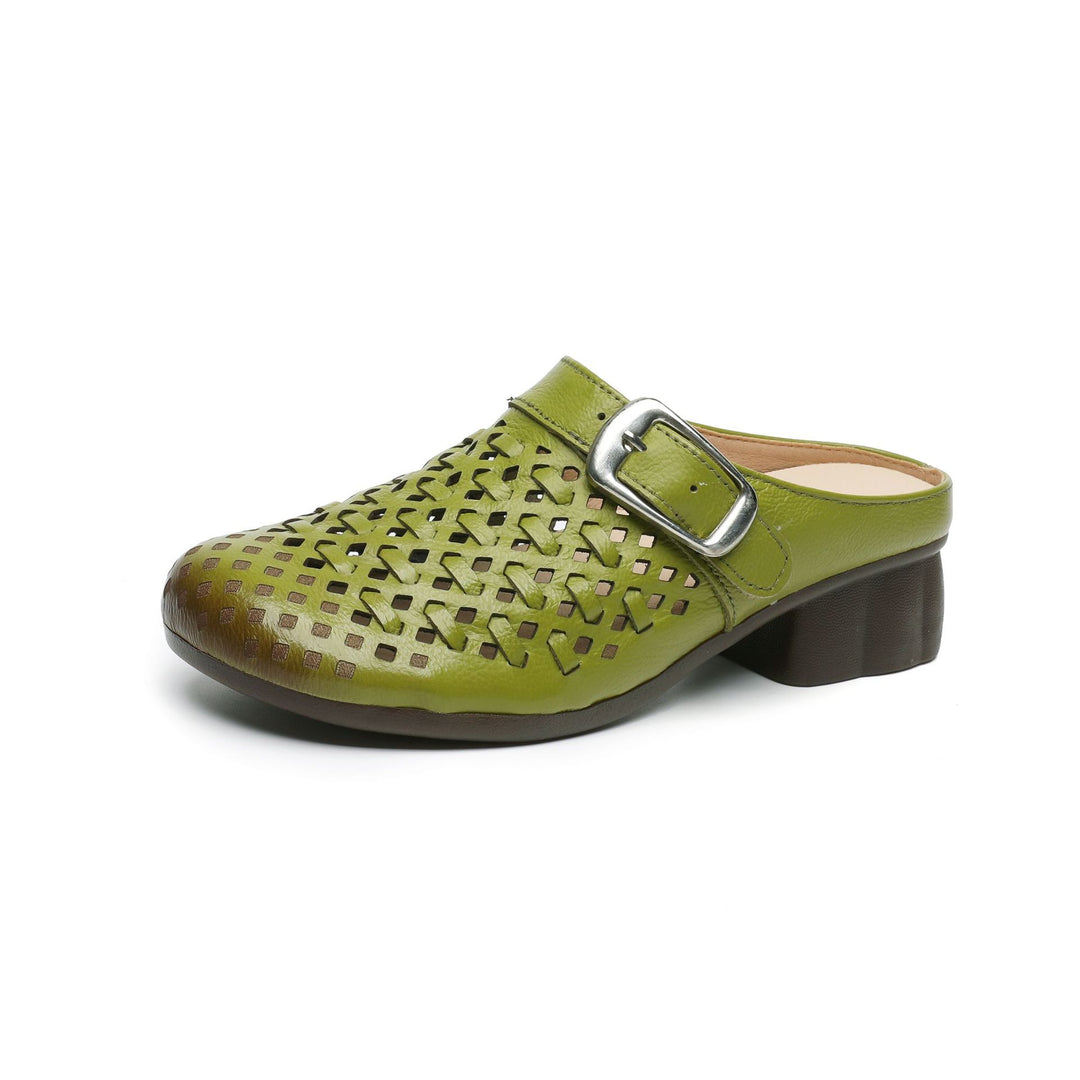 Women's Leather Woven Mules - Hollow Out Perforated Closed Toe Sandals Low Block Chunky Heel Slides with Buckle
