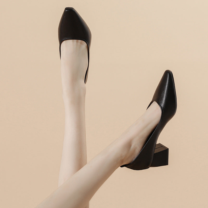 Women's Leather Pointed Toe Minimalist Mid Heel Pump