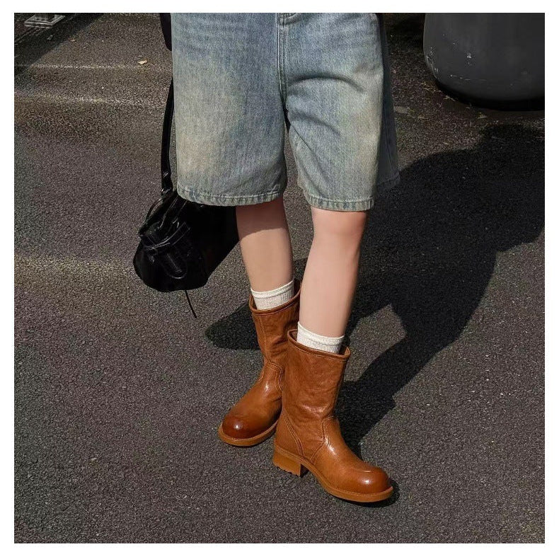 Women's Horsehide Mid Calf Engineer Boots Vintage Buckle Slip On Chunky Heel Booties