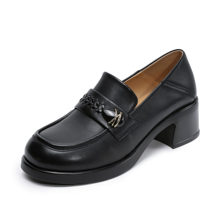 Women's Retro Sheepskin Loafers Vintage Round Toe Woven Strap Chunky Heels