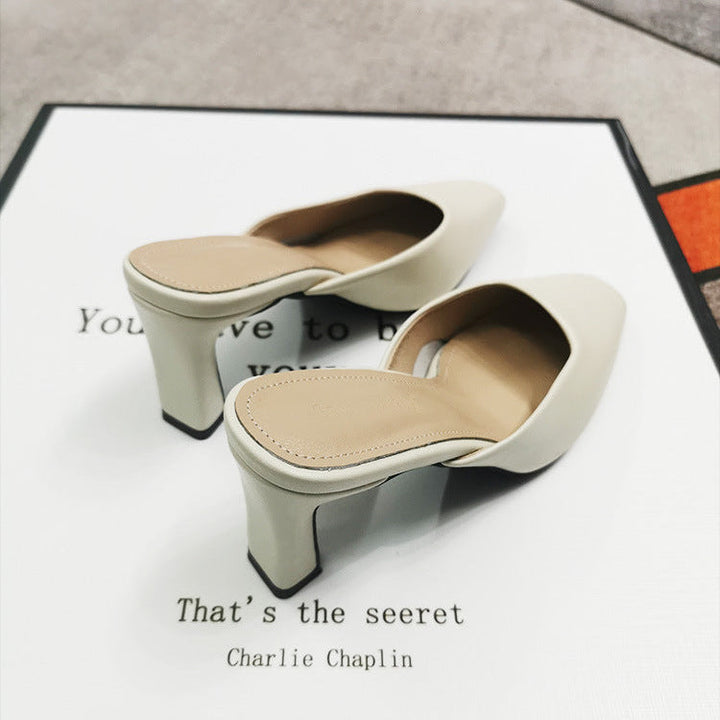 Women's Leather Square Toe High Heeled Mule Shoes