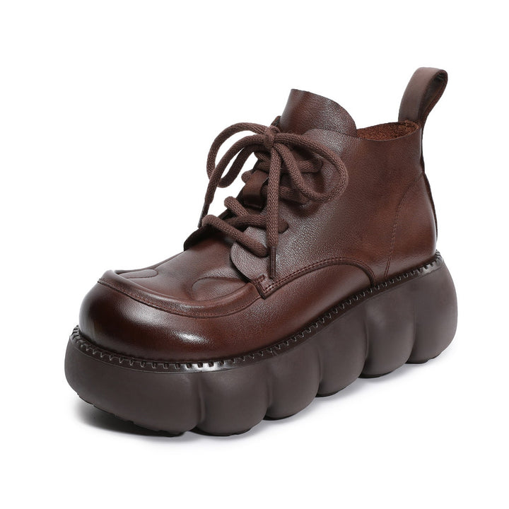 Women’s Retro Round Toe Leather Lace-Up Ankle Boots – Chunky Platform