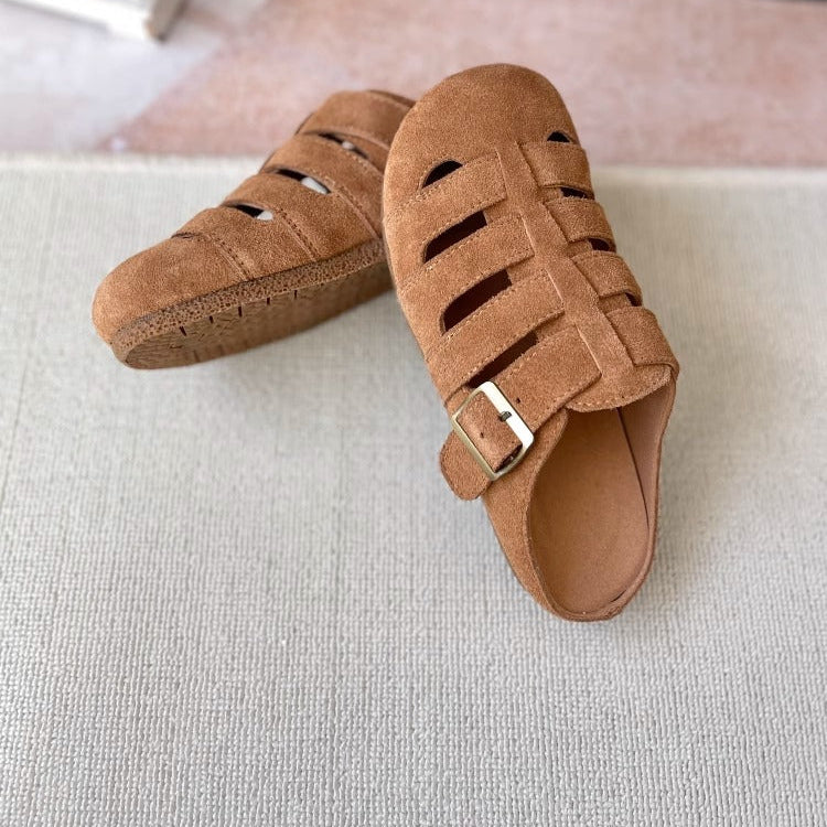 Women's Suede Round Toe Hollowed Out Casual Buckle Mule