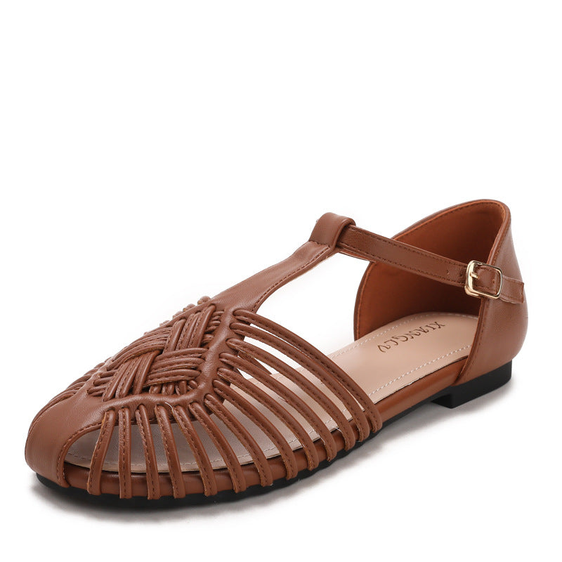 Women's Retro Gladiator Sandals T-Strap Woven Mary Jane Summer Lightweight Flats