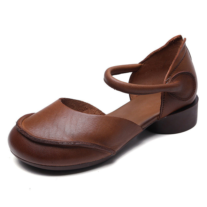 Women’s Genuine Leather Closed Toe Sandals – Retro Low Block Heel Velcro Shoes